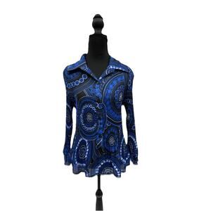 VTG Serenade Vivid Blue Art To Wear Eclectic Pleated Button Top Disco Womens L